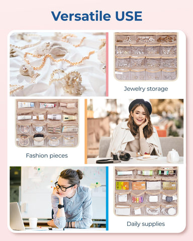 Mountable organizer on closet, door, or wall saving space.