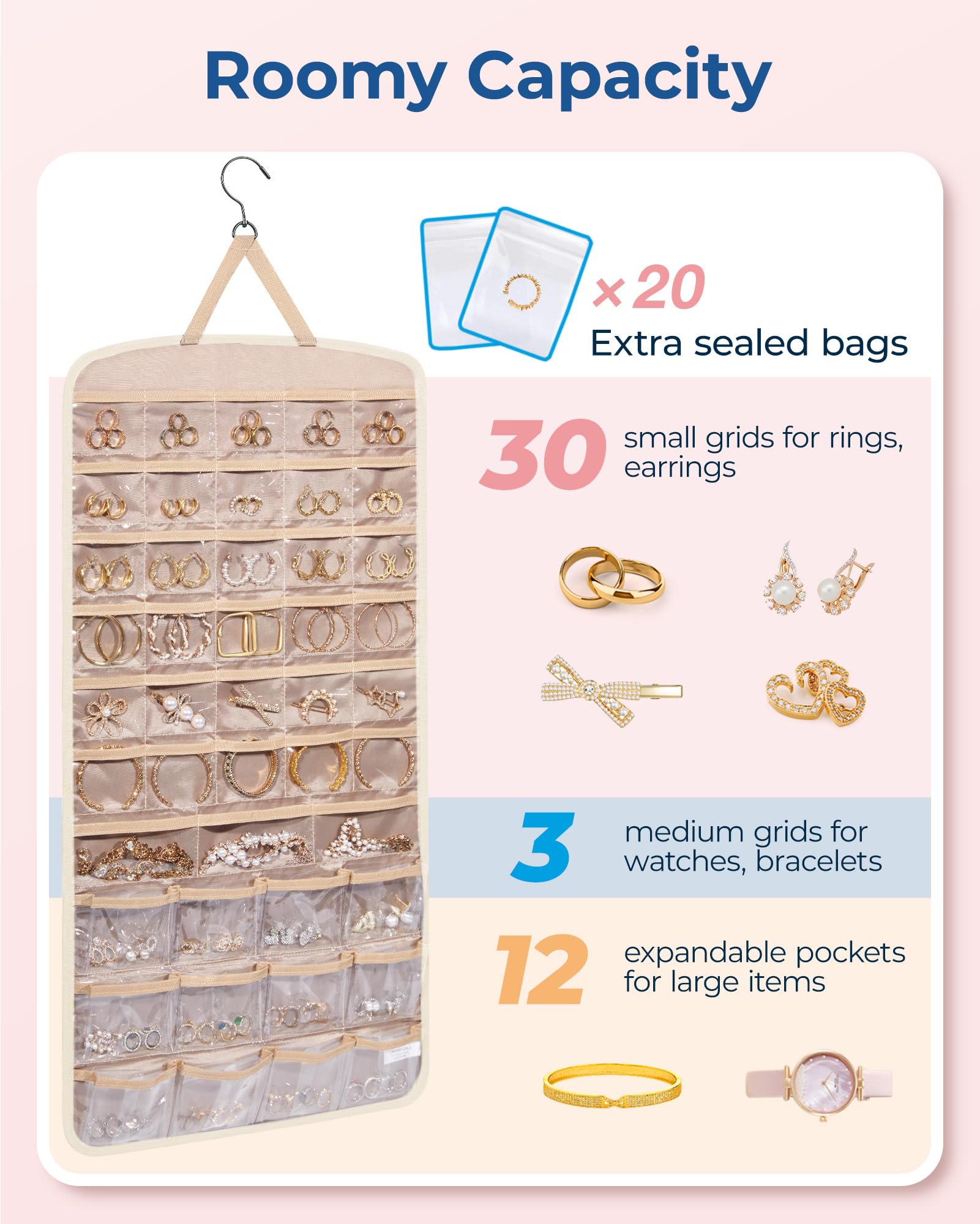 BAGSMART necklace organizer with three hook rows for quick access.