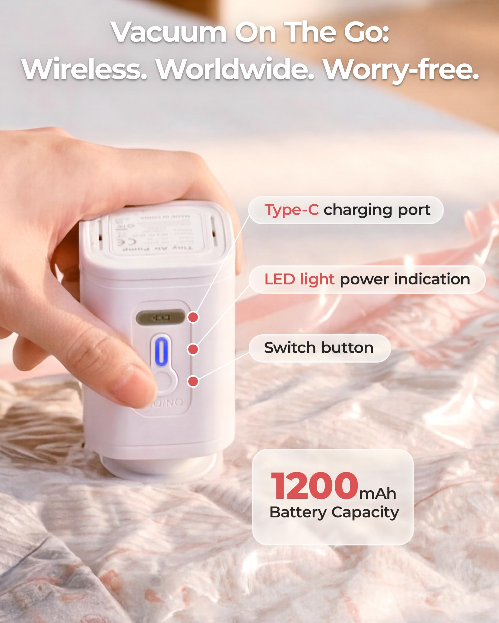 BAGSMART portable pump in use demonstrates wireless travel compression