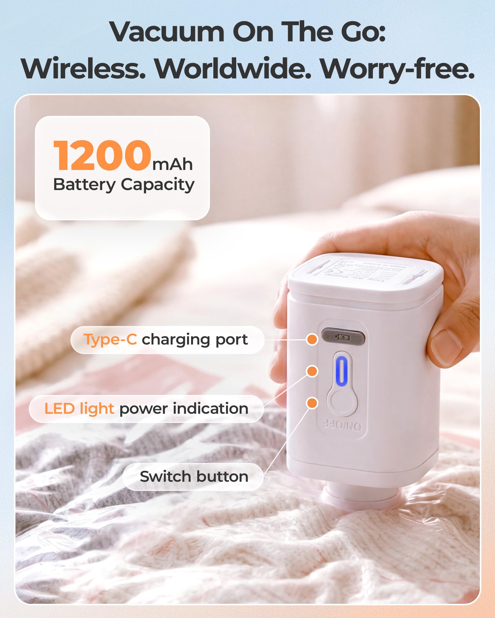 BAGSMART portable pump shown, wireless convenience for travel.