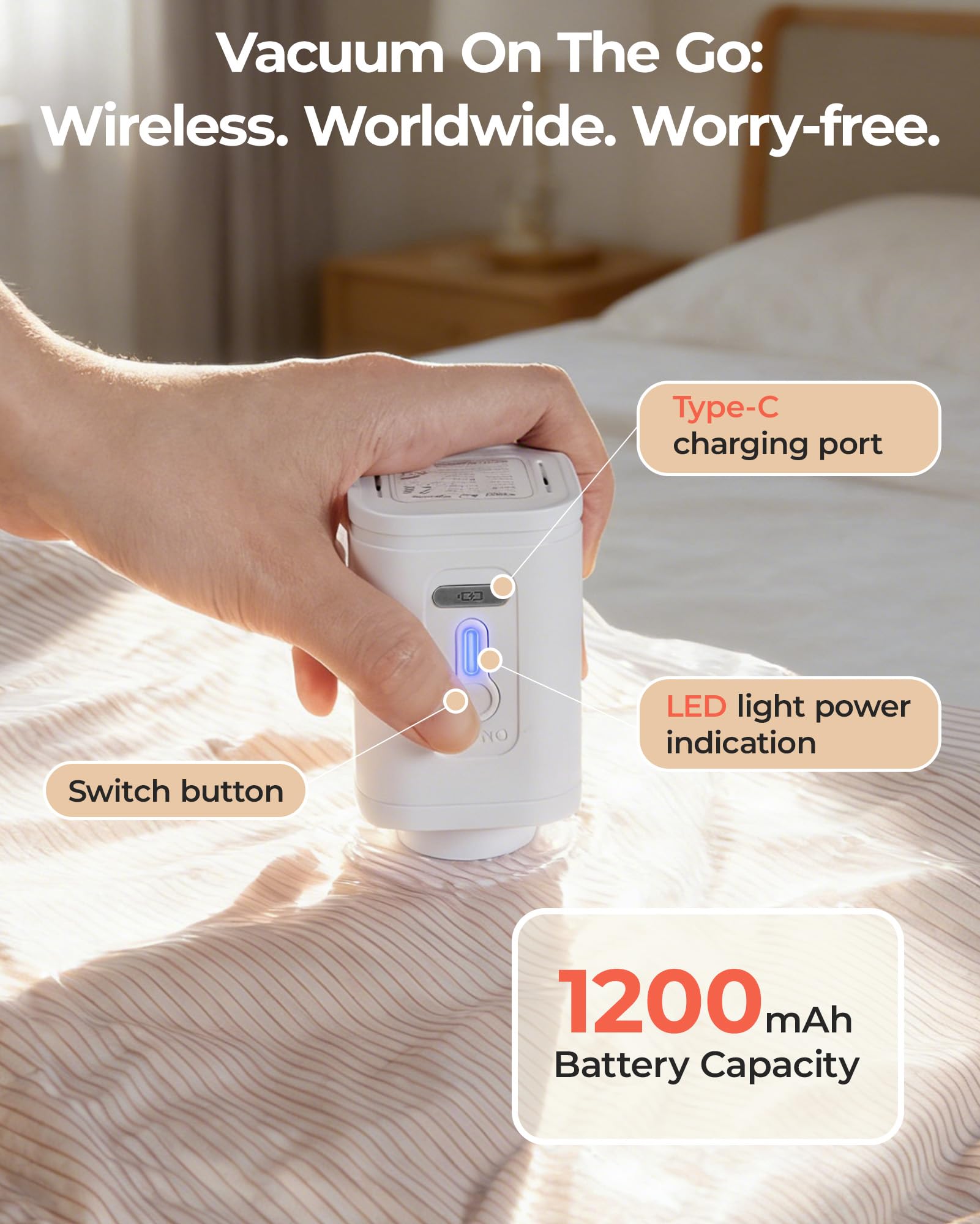 BAGSMART rechargeable air pump for cordless, on the go compression.