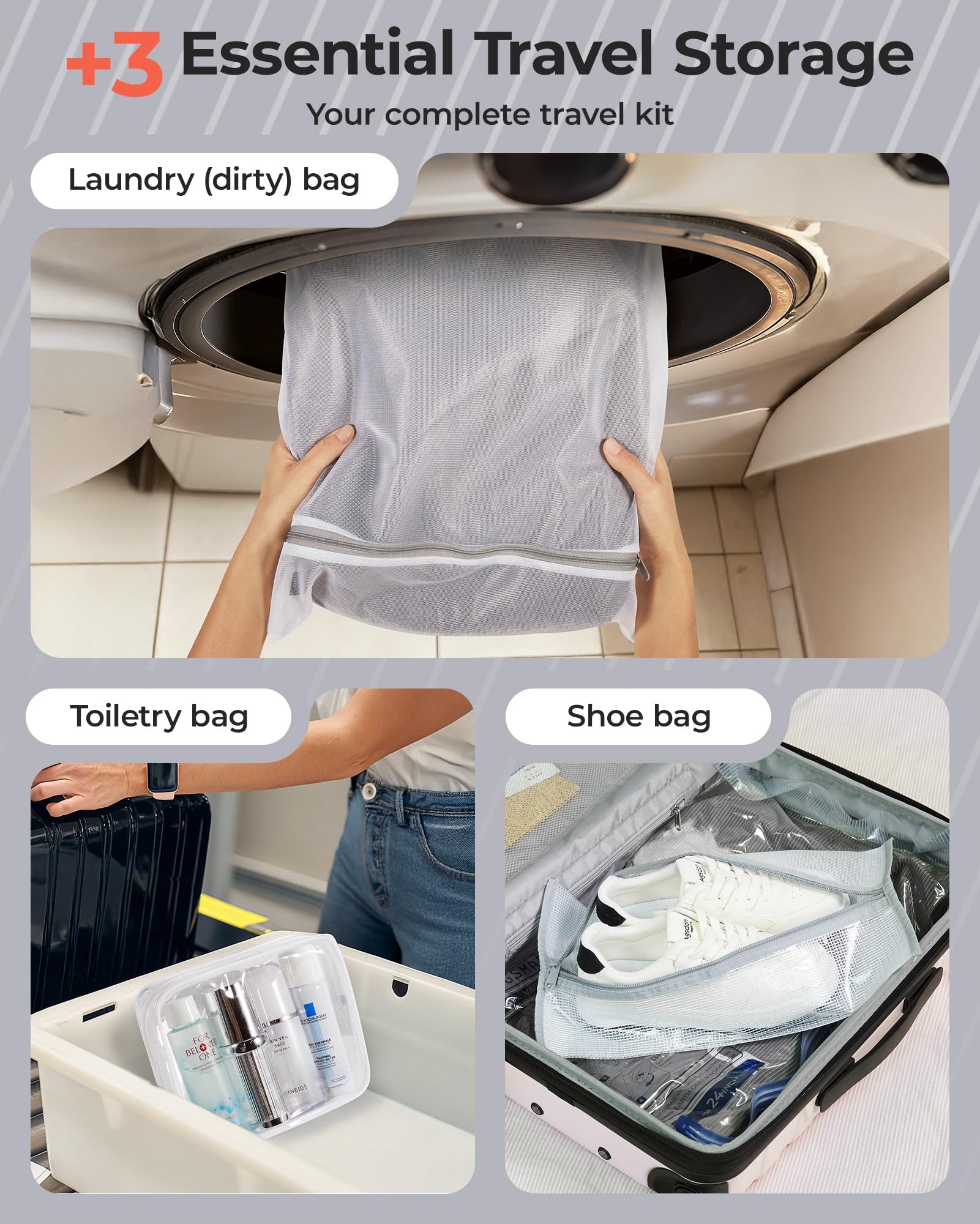 BAGSMART includes separate shoe, laundry, and toiletry bags.