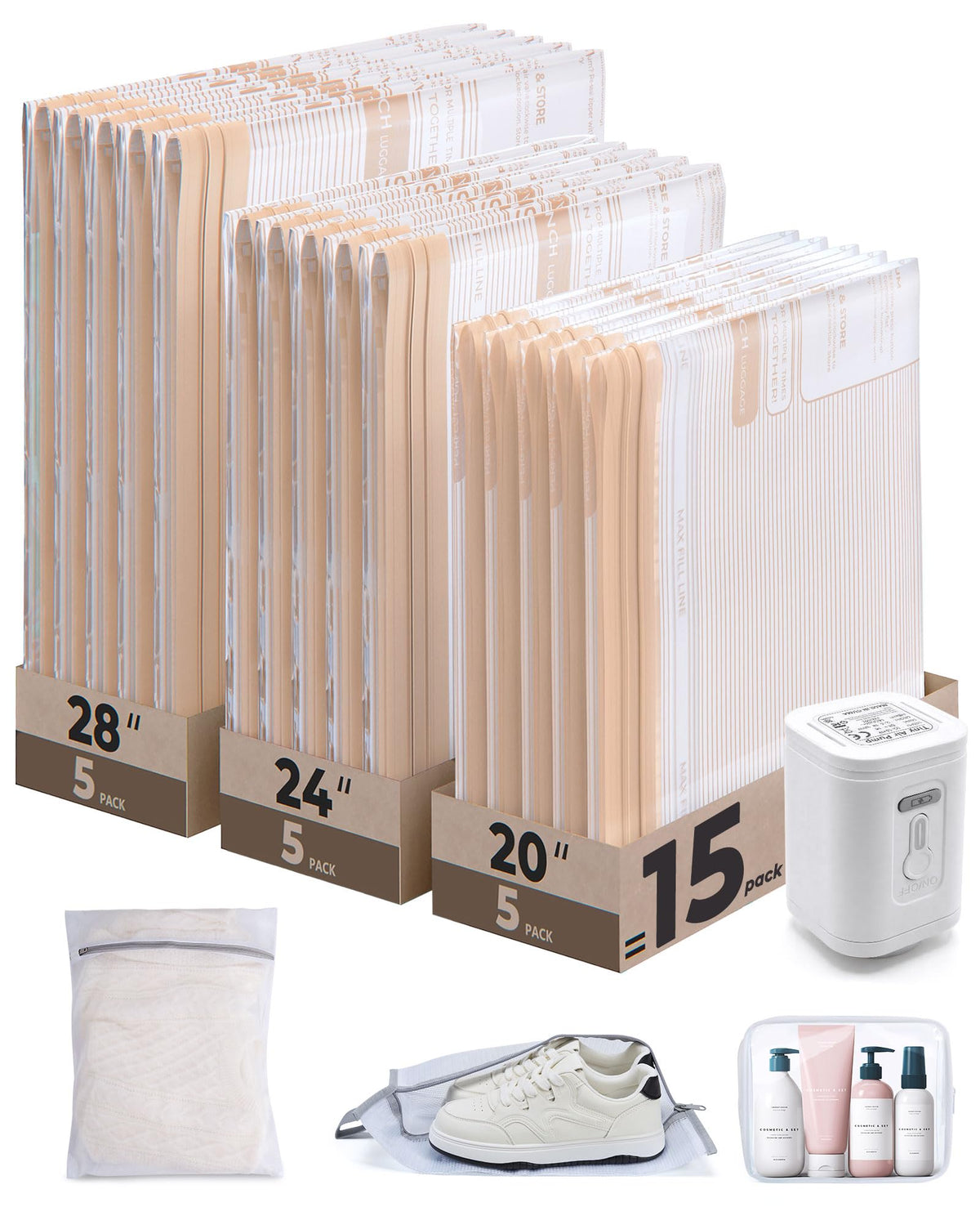 BagSmart travel vacuum bags kit shows color-coded sizes for fast organization.