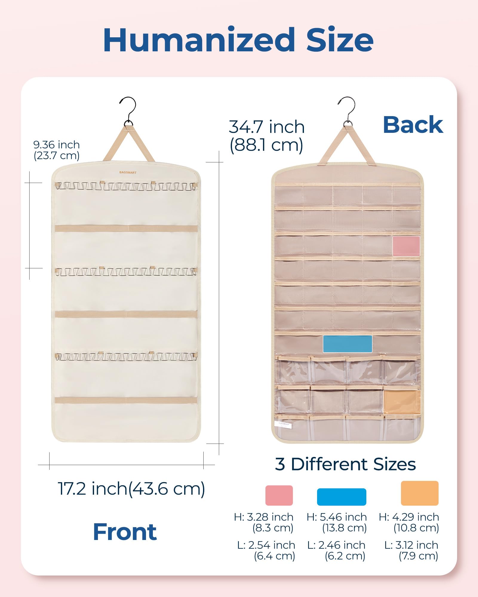 Beige fabric finish with metal hooks on a two-sided rotating hanger.