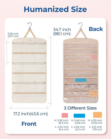 Beige fabric finish with metal hooks on a two-sided rotating hanger.
