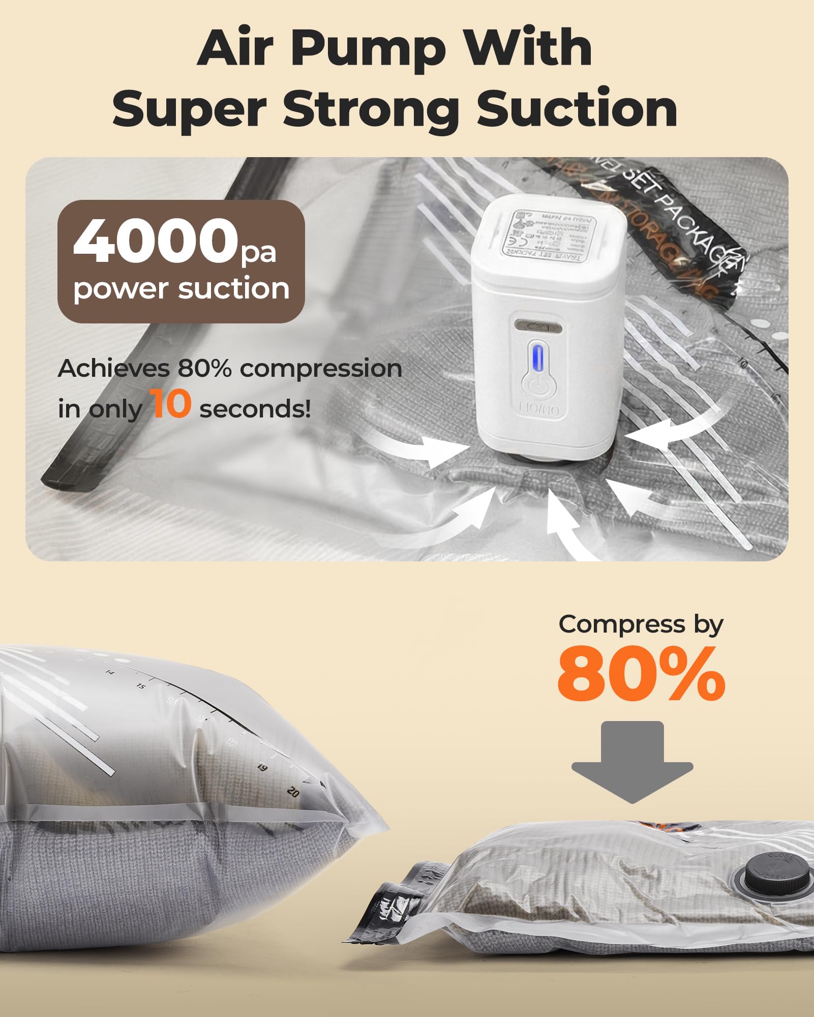 BAGSMART vacuum bags in three sizes save space during travel.