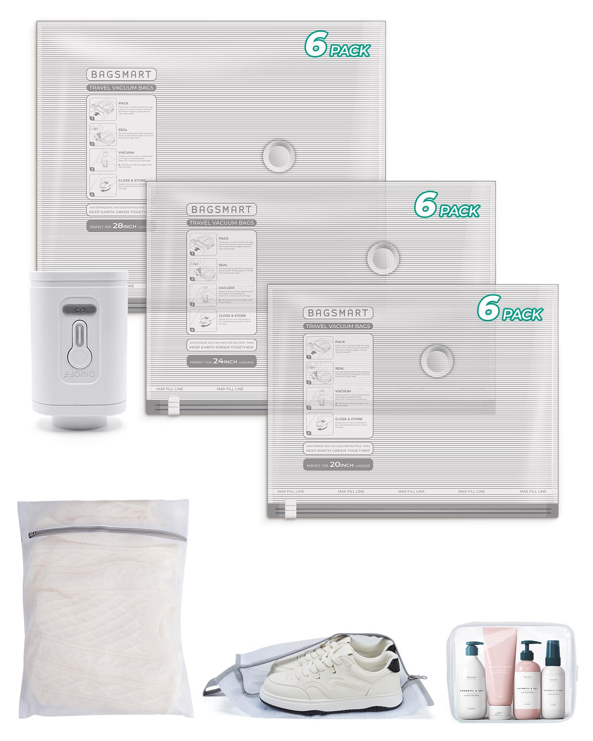 BAGSMART vacuum bags travel kit with 18 bags for organized packing and space saving.