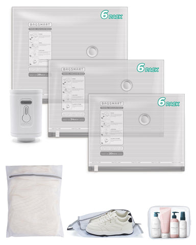 BAGSMART vacuum bags travel kit with 18 bags for organized packing and space saving.