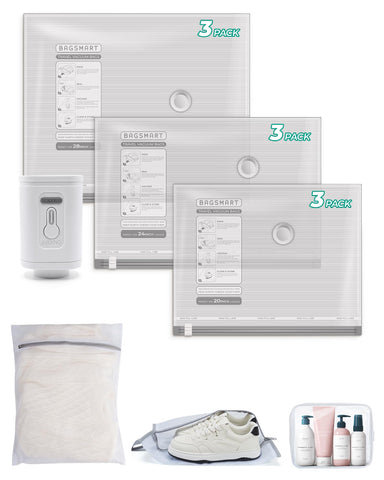 BAGSMART vacuum bags travel kit laid out for organized packing.