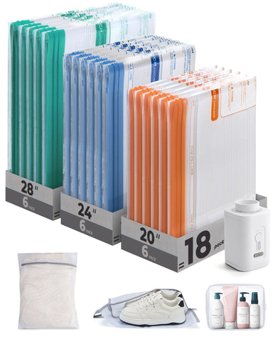 BAGSMART vacuum bags travel kit shows color-coded bags for quick packing and easy identification.