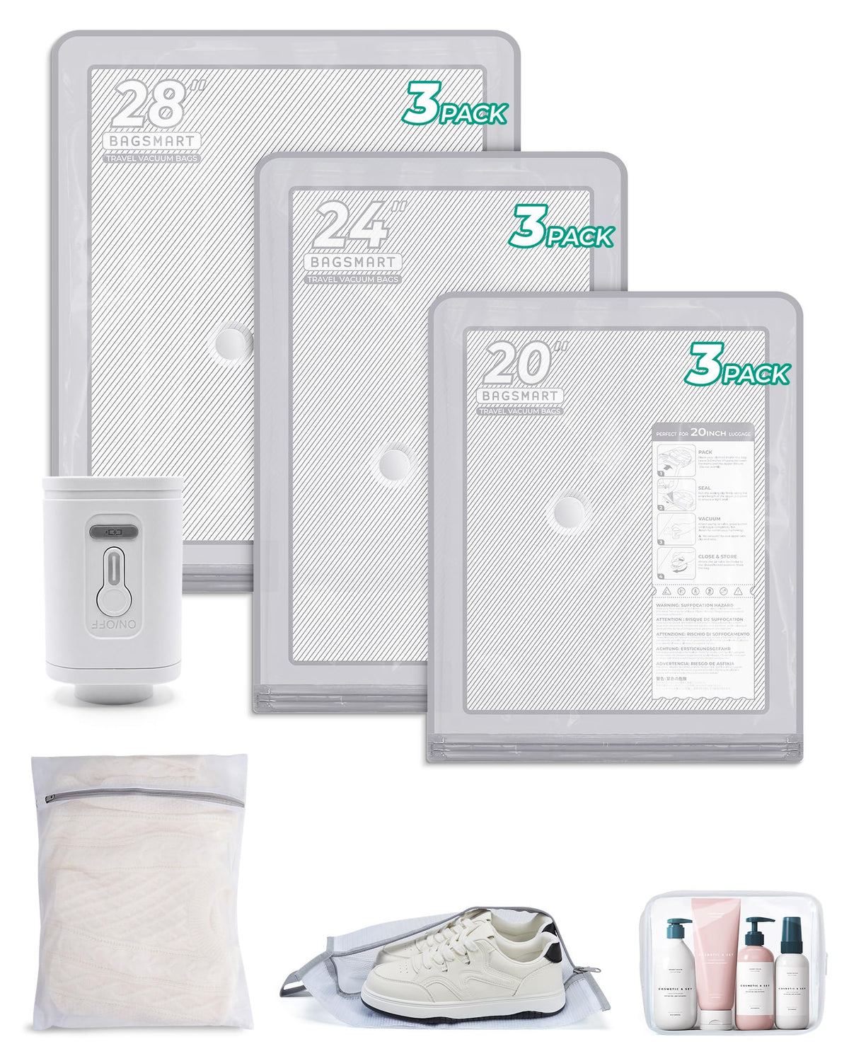 BAGSMART vacuum storage bags set showing 12-piece organized system for travel