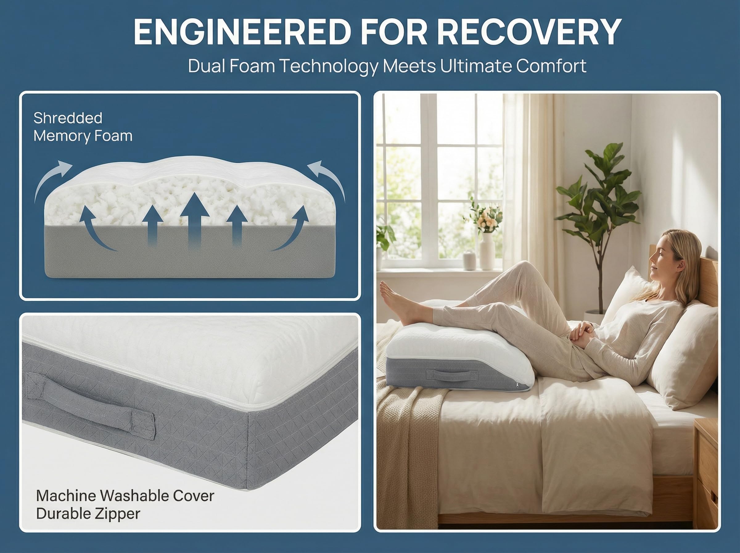 Baibu leg elevation pillow with secure strap detail for stable positioning.