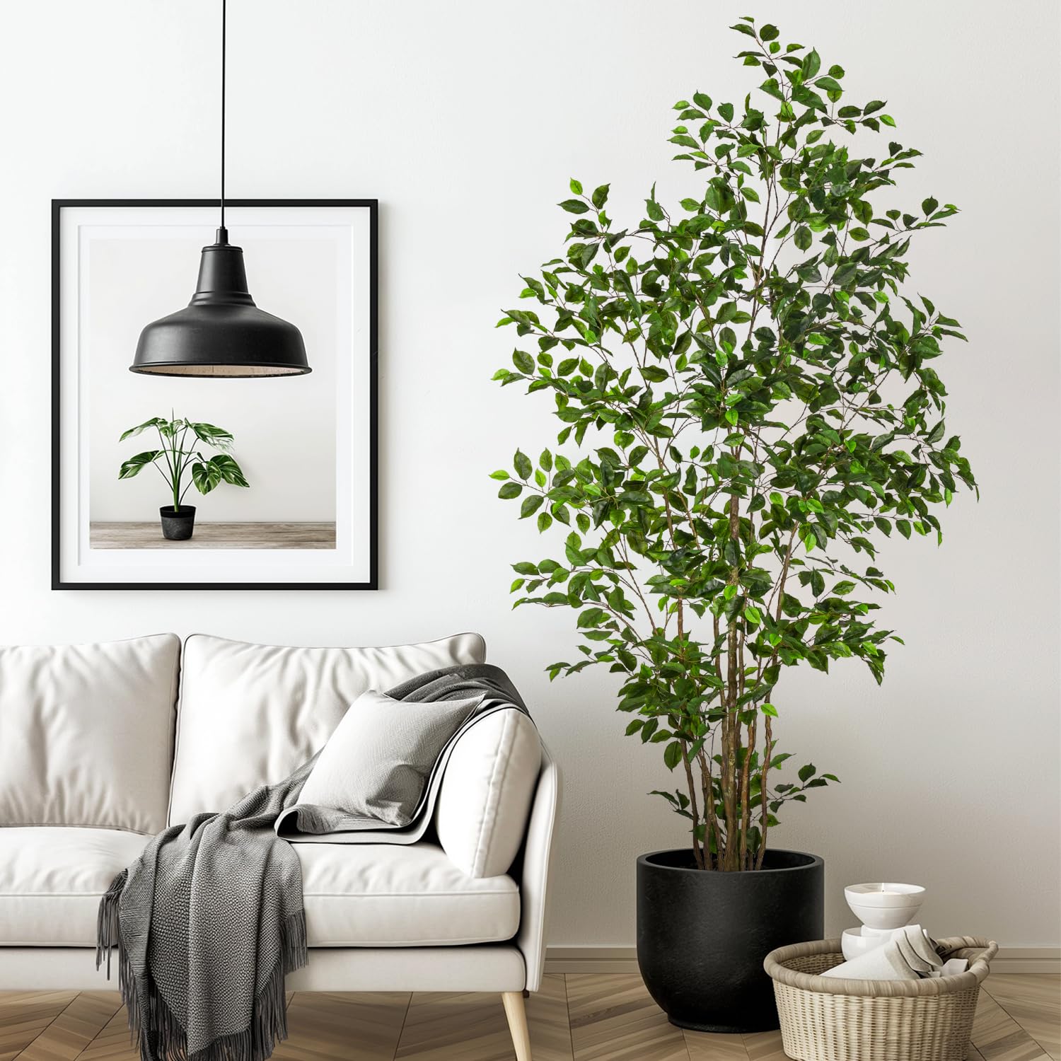 Bailikang 7ft artificial ficus tree indoors adds year-round greenery.