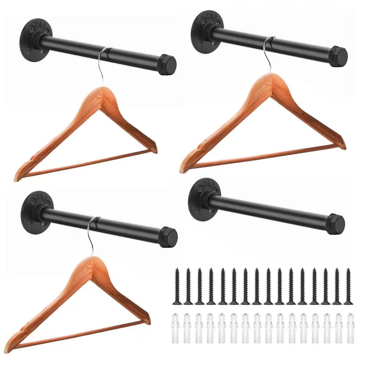 Bailoo industrial pipe clothing rack on wall with 12-inch rail for extra storage