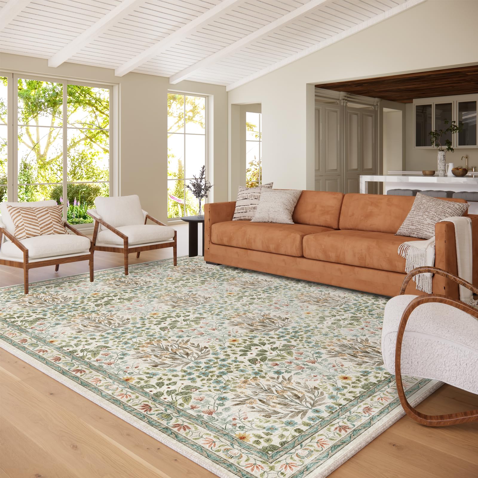 Baksham 8x10 washable area rug with vintage floral pattern for living rooms.