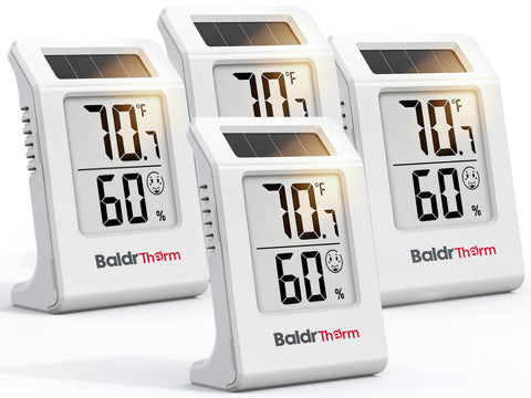 Baldr digital hygrometer-thermometer front view with clear readouts for quick checks