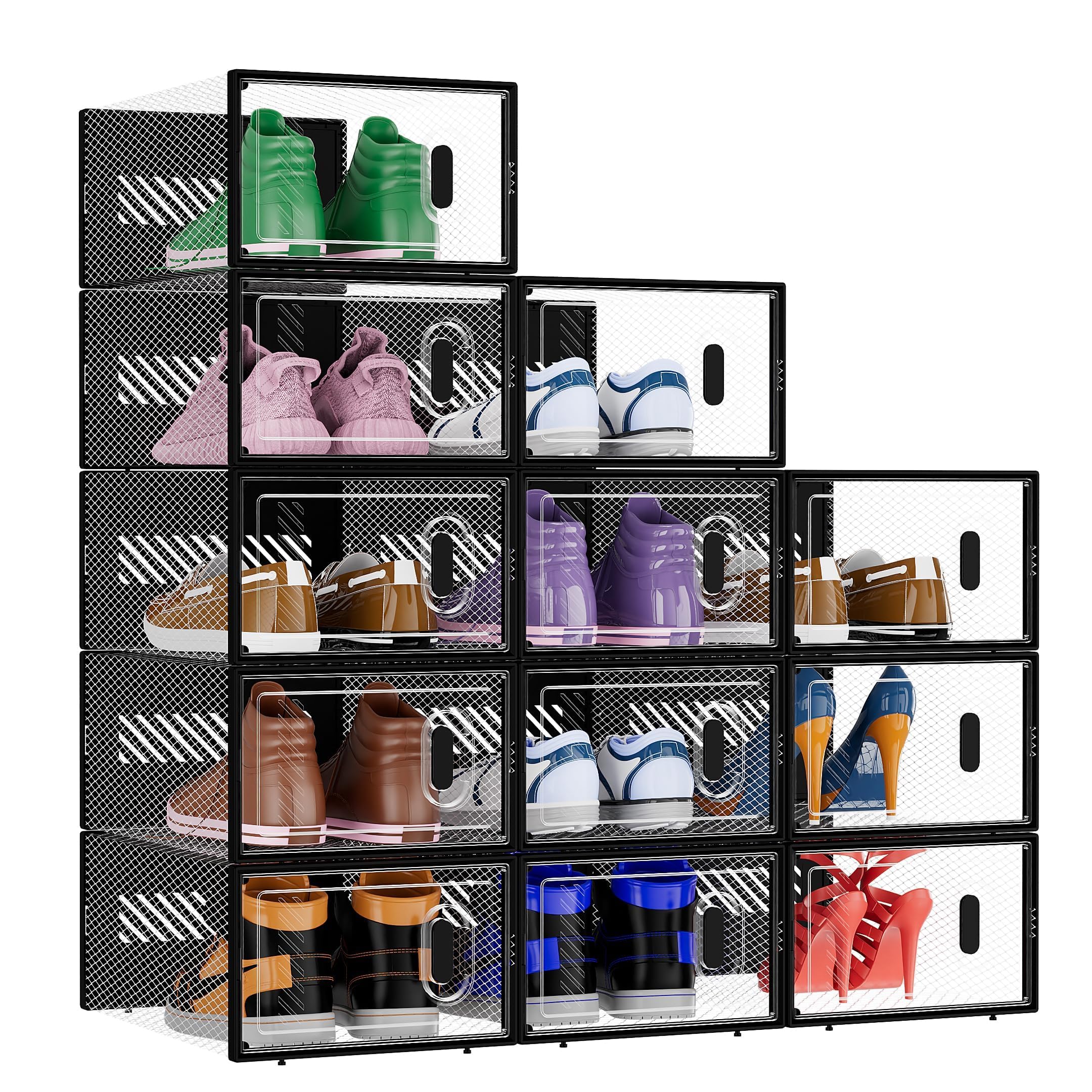 BALEINE 12-pack stackable shoe storage boxes organized in a closet save space and simplify access.