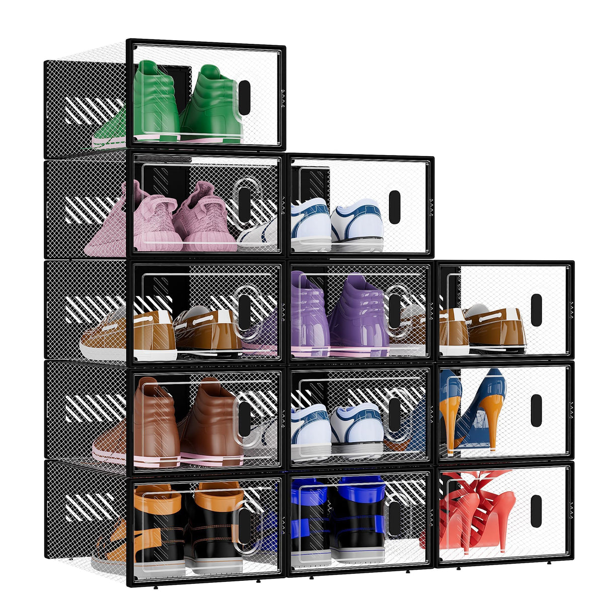 BALEINE 12-pack stackable shoe storage boxes organized in a closet save space and simplify access.