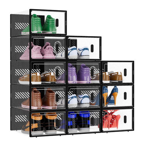 BALEINE 12-pack stackable shoe storage boxes organized in a closet save space and simplify access.
