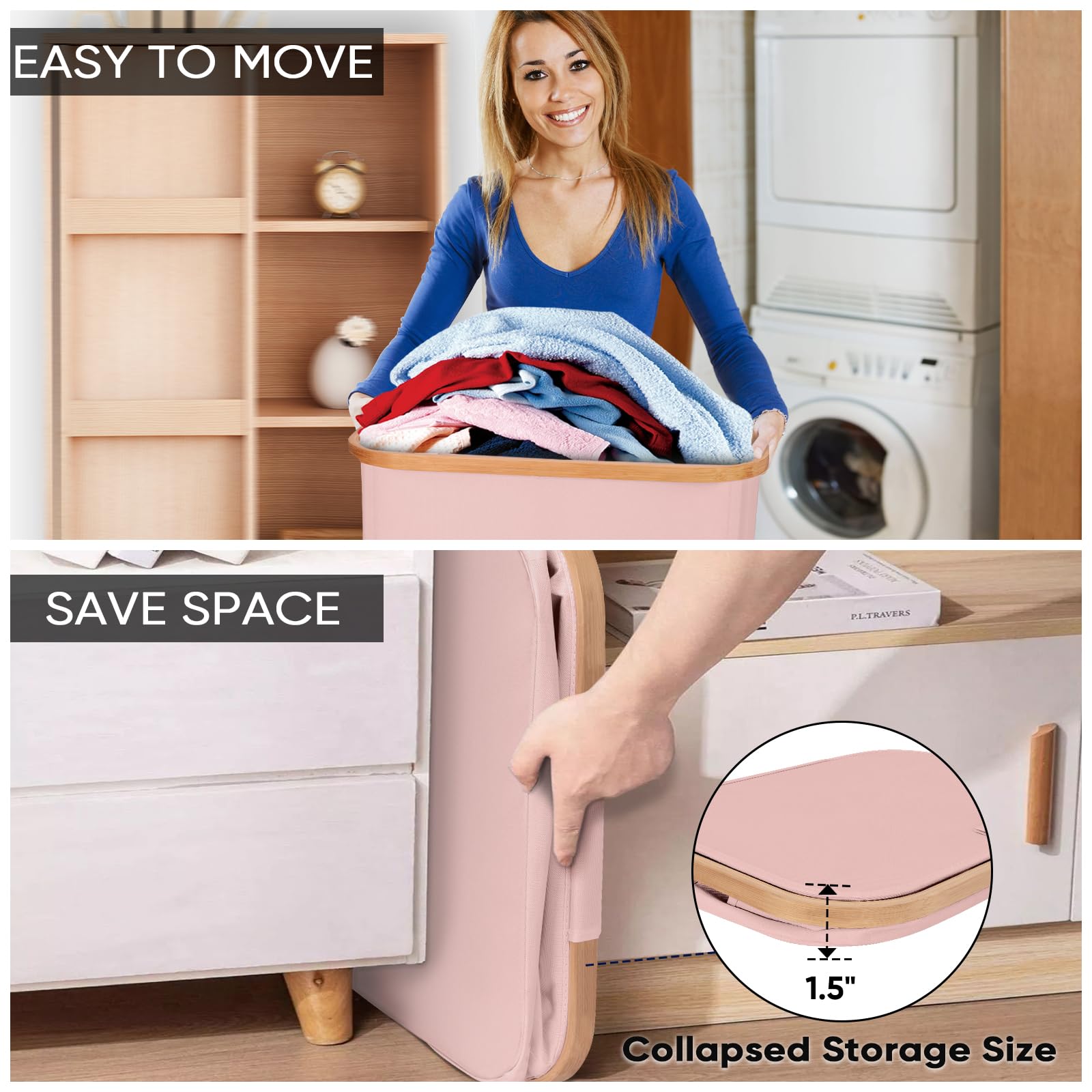 BALEINE pink-lidded hamper shown open for quick access to clothes.