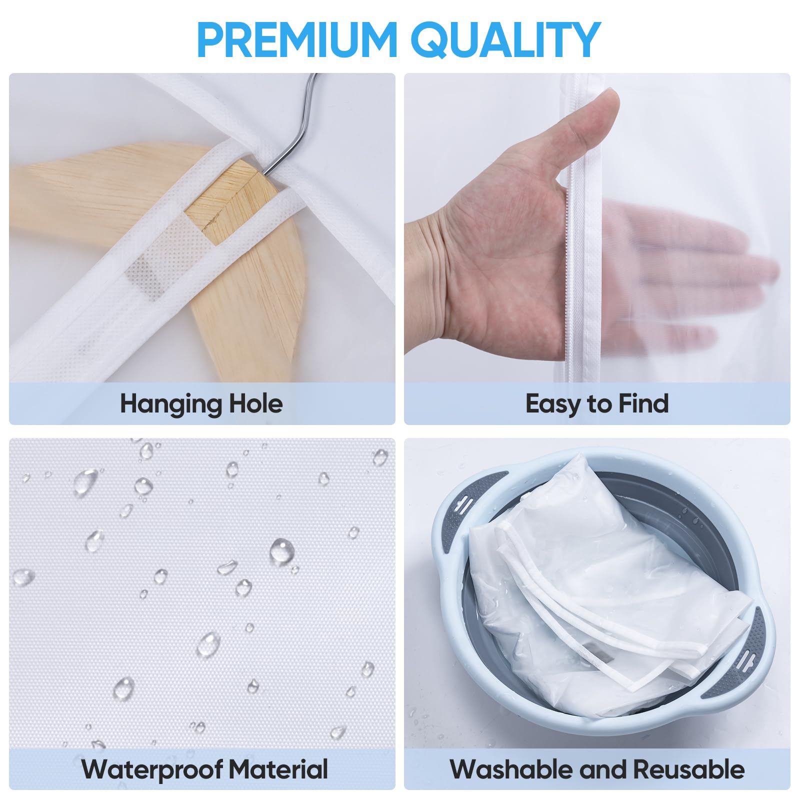 BALEINE PEVA dress bag closeup demonstrates waterproof and dustproof protection.