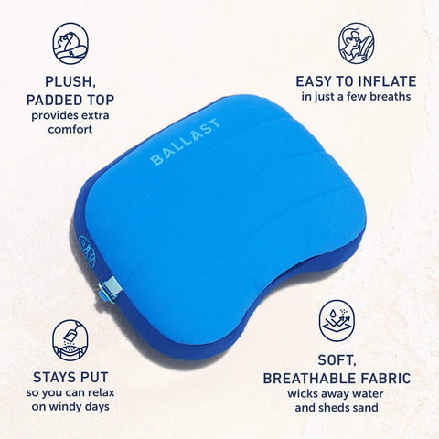 Ballast Beach Pillow contoured bottom supports neck and head for lounging.