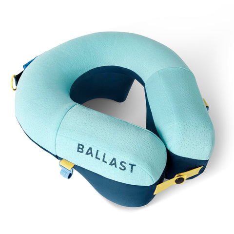 Ballast Pro Pillow neck support on airplane for comfortable, adjustable travel