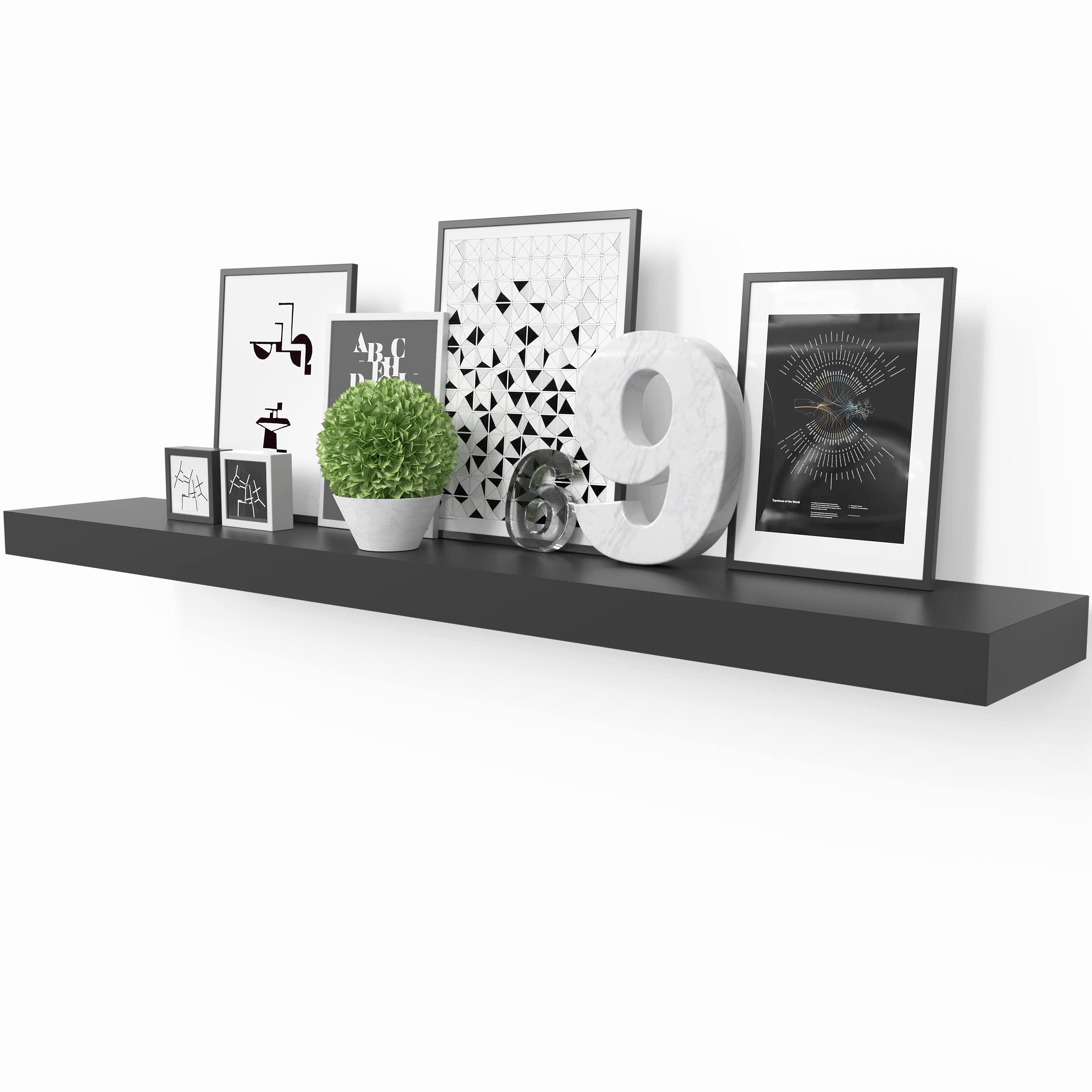 Ballucci modern floating shelf for bedroom decor, showcasing frames, plants, and keepsakes.