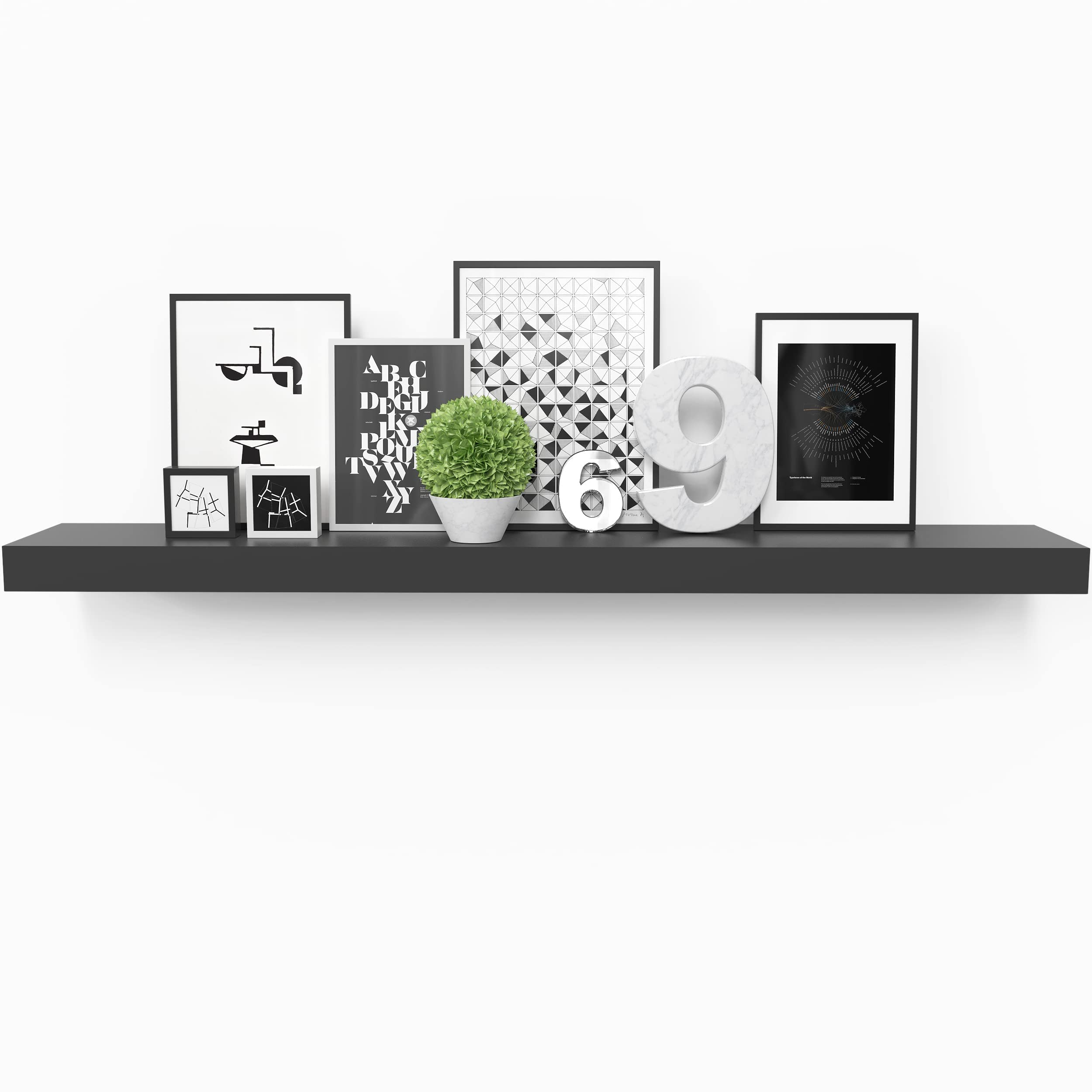 Ballucci wall-mounted engineered wood shelf in black offers sturdy, space-saving storage.