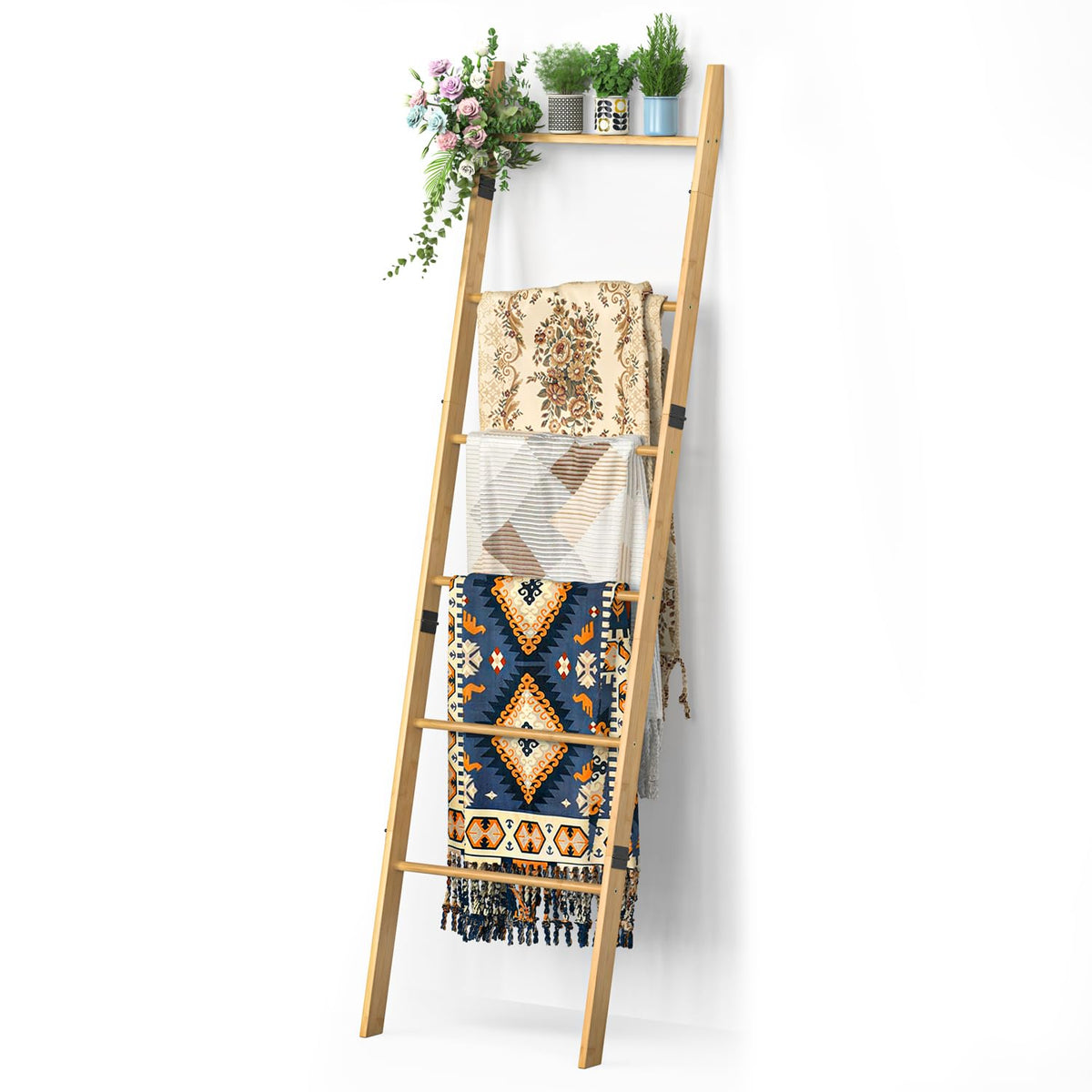 BAMBANG 6-Tier Blanket Ladder in living room displaying blankets neatly
