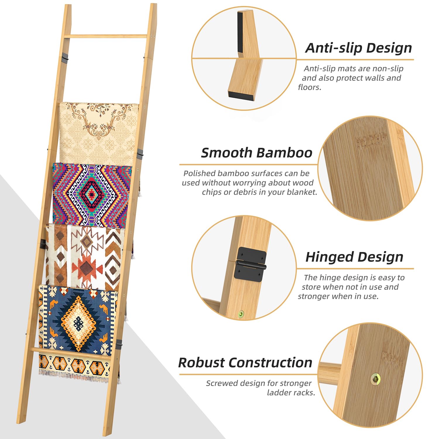 BAMBANG blanket ladder with rustic finish enhances farmhouse decor