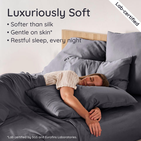 Bambaw charcoal pillowcase on bed demonstrates stylish, breathable comfort.