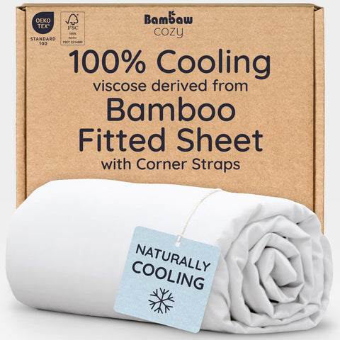 Bambaw King White fitted sheet fabric close-up shows silky bamboo viscose texture for cooling