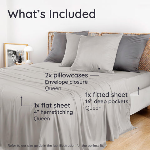 Bambaw Queen Sheet Set front view shows moonlight gray bedding.