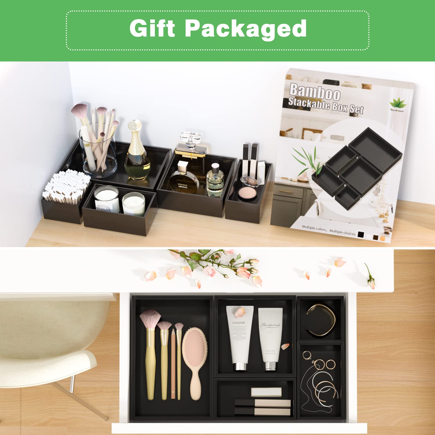 Bambloom stackable drawer dividers arranged to maximize desk storage