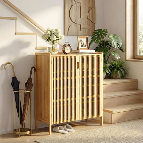 Bambooflow six-tier storage shows a sturdy wooden frame.