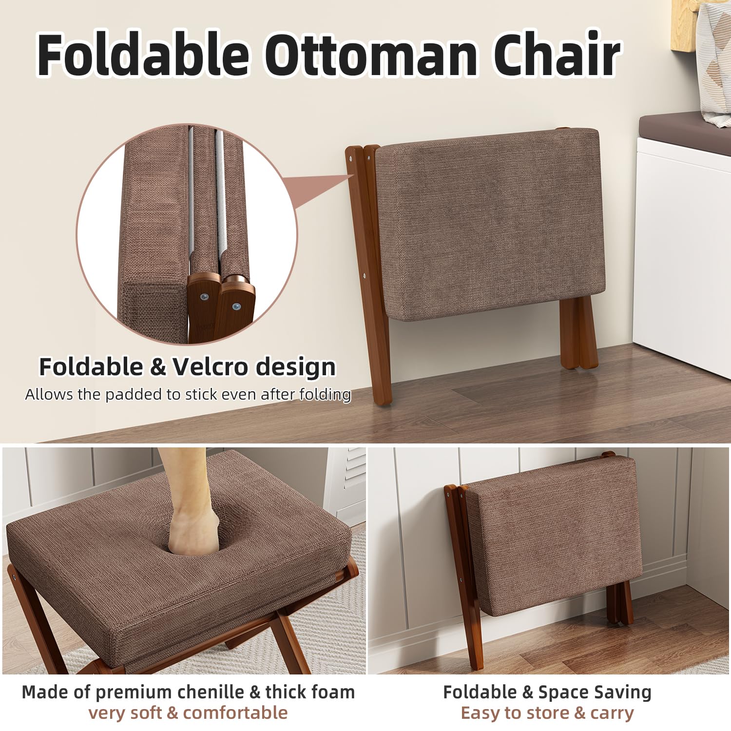 BAMBOOHOMIE foot stool close-up shows plush chenille cushion and soft comfort.