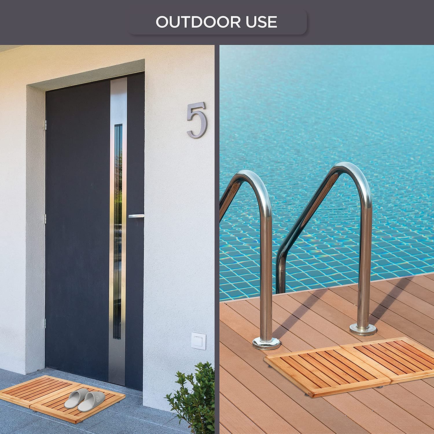 Bambüsi bamboo bath mat on a pool deck for damp outdoor areas