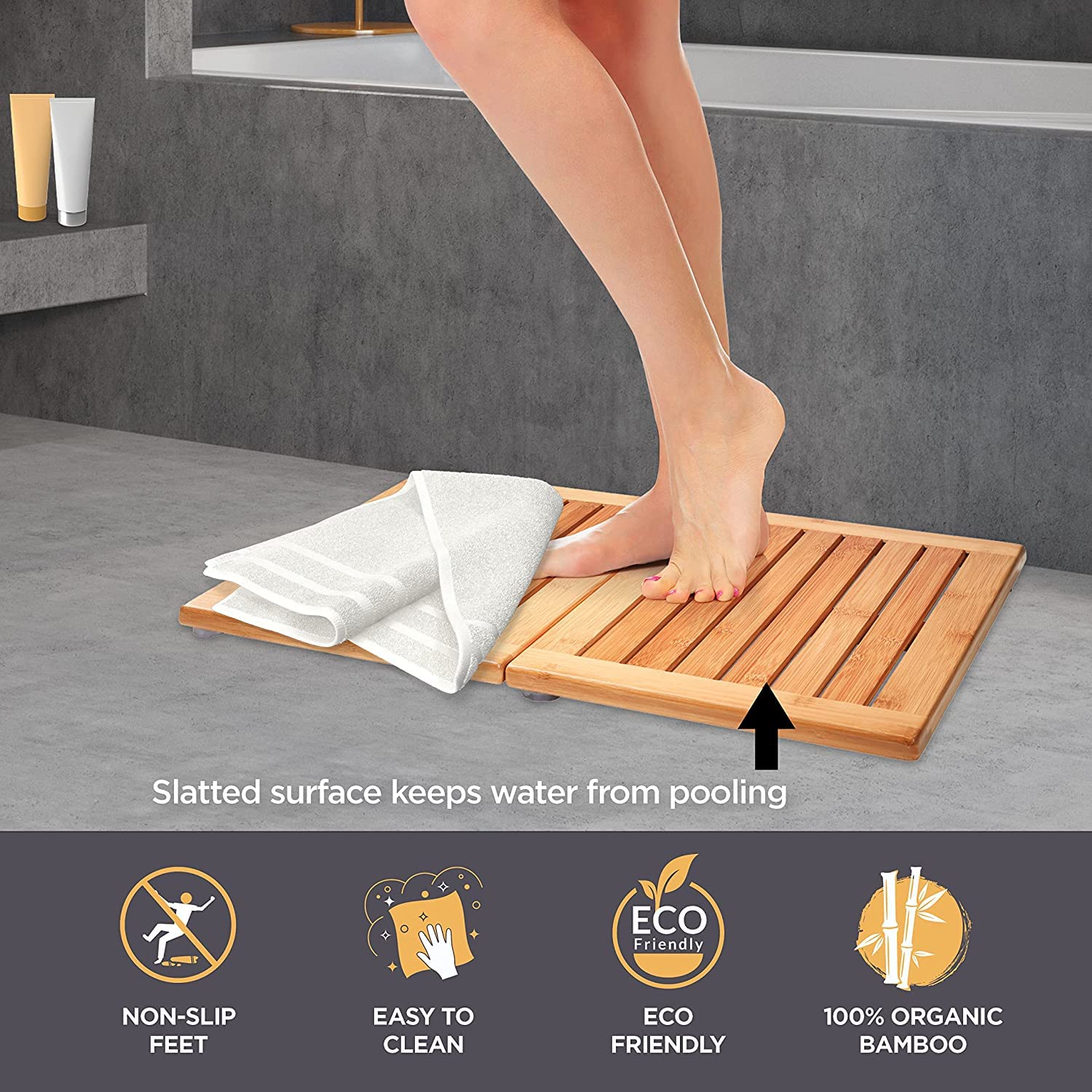 Bambüsi bamboo bath mat with slatted design for fast drainage and quick drying