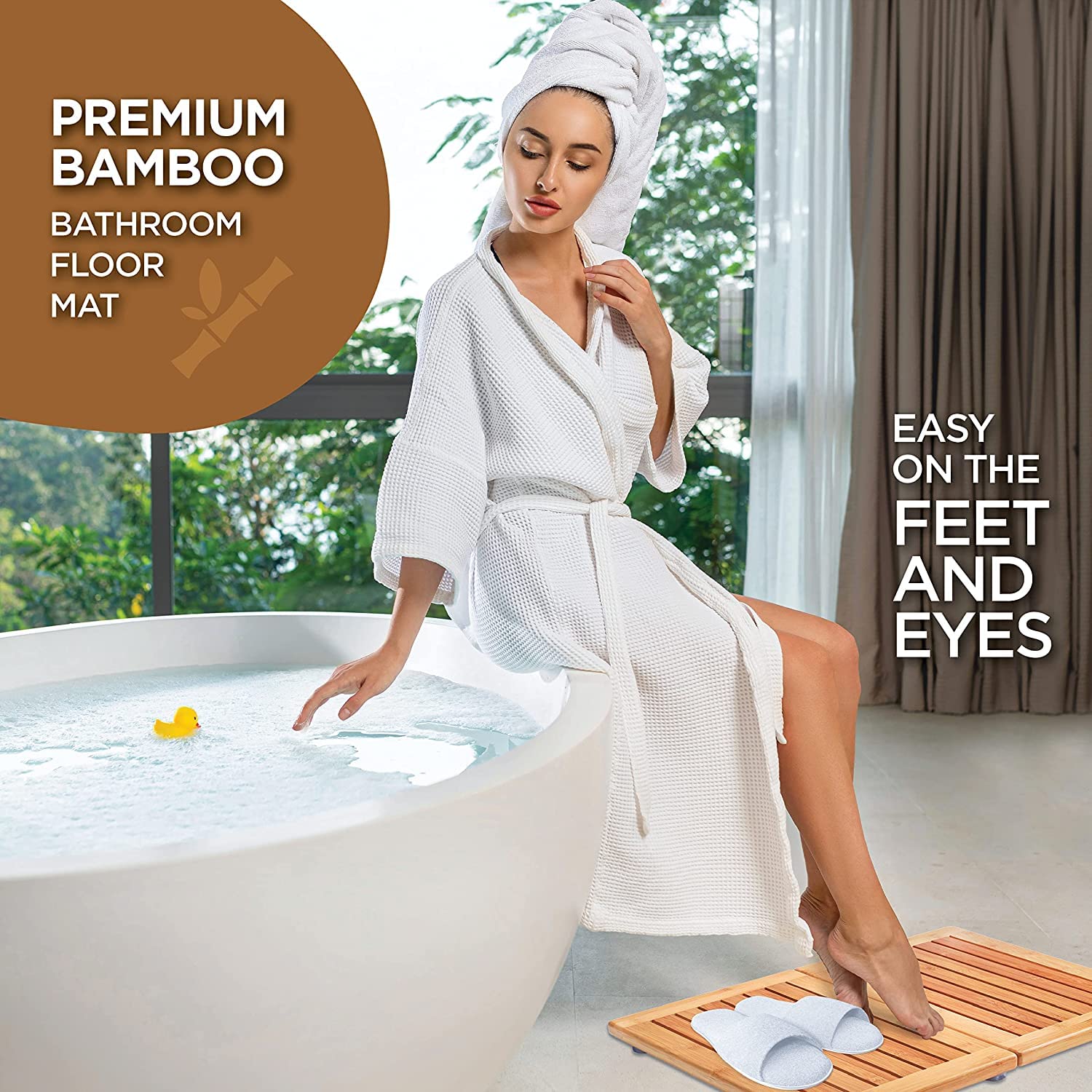 Bambüsi bamboo bath mat placed in a spa or sauna setting highlighting calm aesthetics