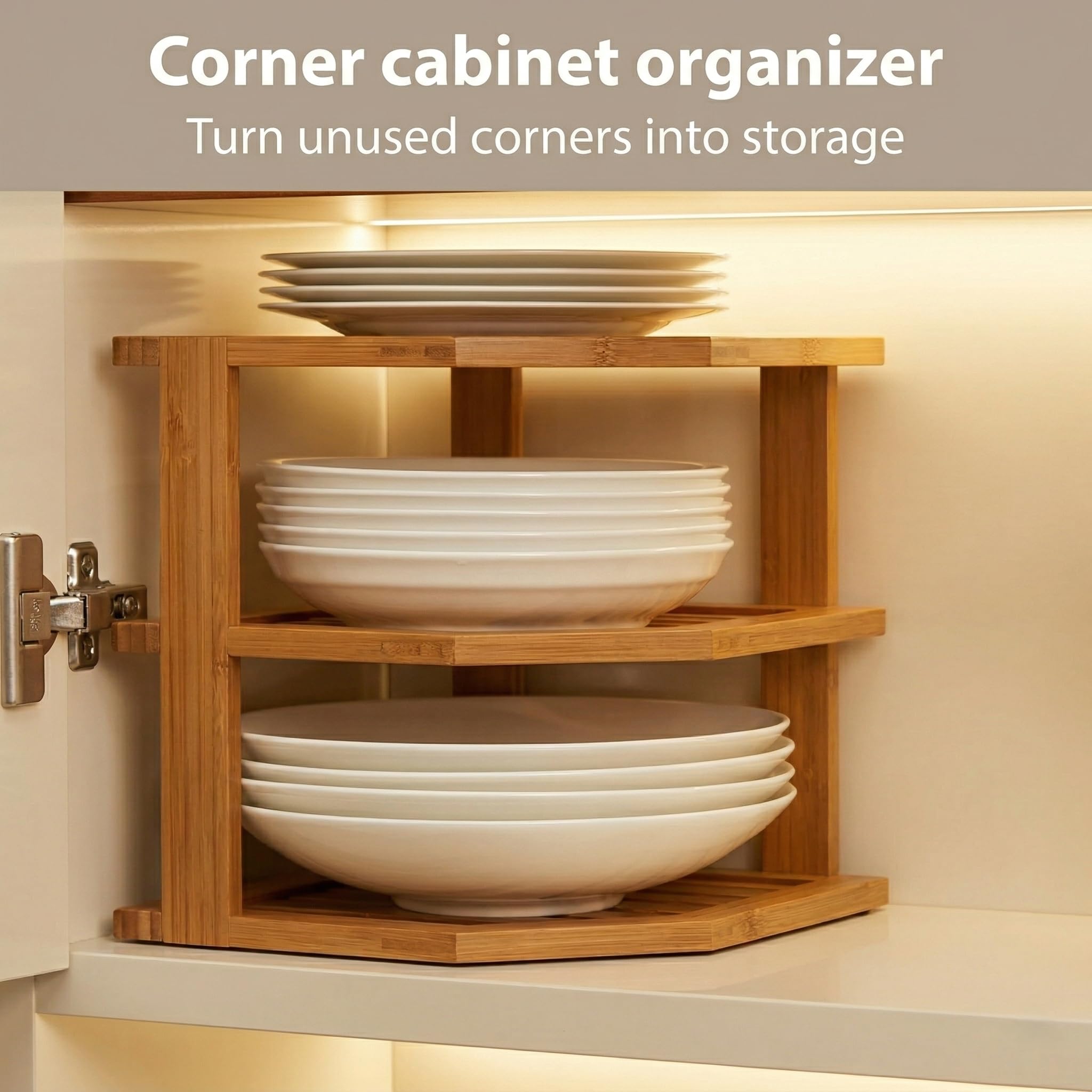 Bambusi bamboo cabinet organizer shelf storing plates, bowls, and mugs neatly.