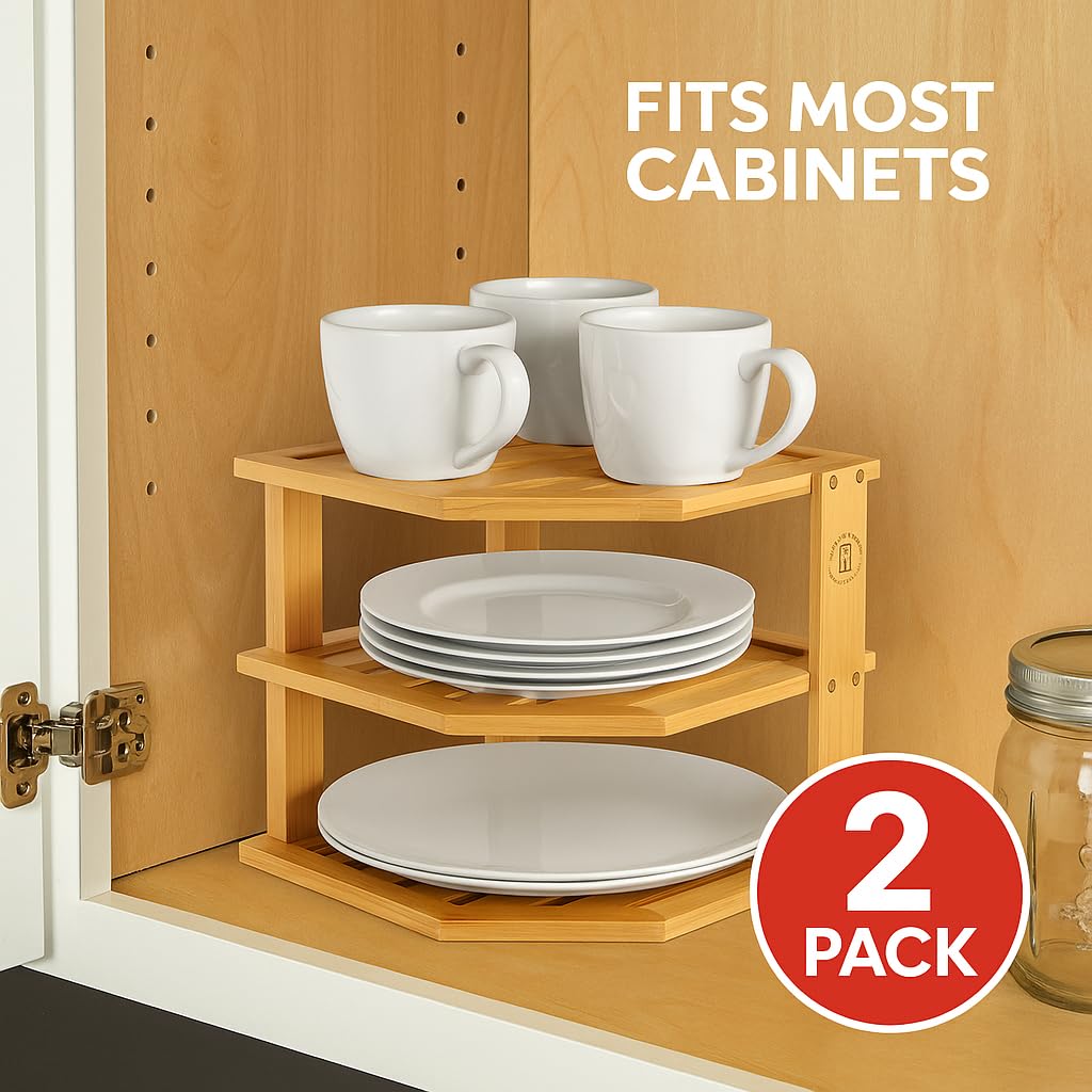 Bambüsi bamboo corner shelf with stackable design maximizes vertical storage.