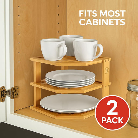 Bambüsi bamboo corner shelf with stackable design maximizes vertical storage.