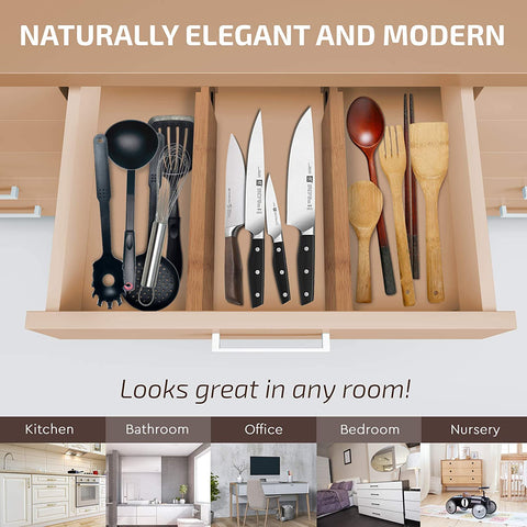 Bambüsi bamboo drawer organizer shown in kitchen drawers for cutlery and tools