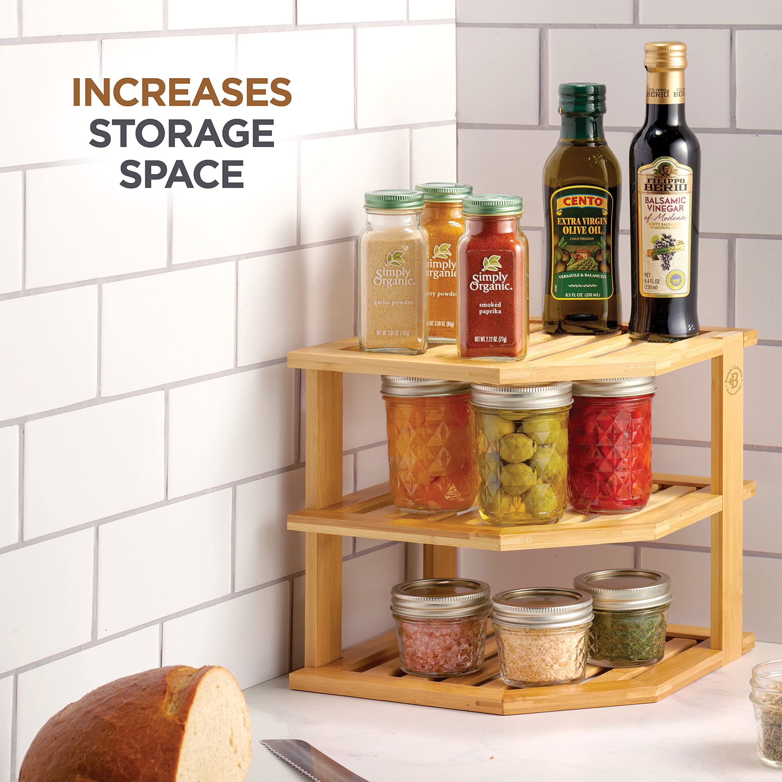 Bambüsi corner shelf fits cabinets and countertops for versatile organization.