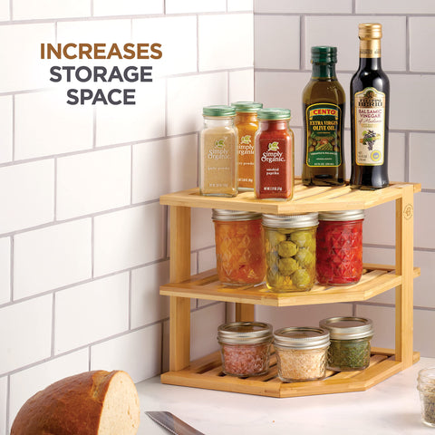 Bambüsi corner shelf fits cabinets and countertops for versatile organization.