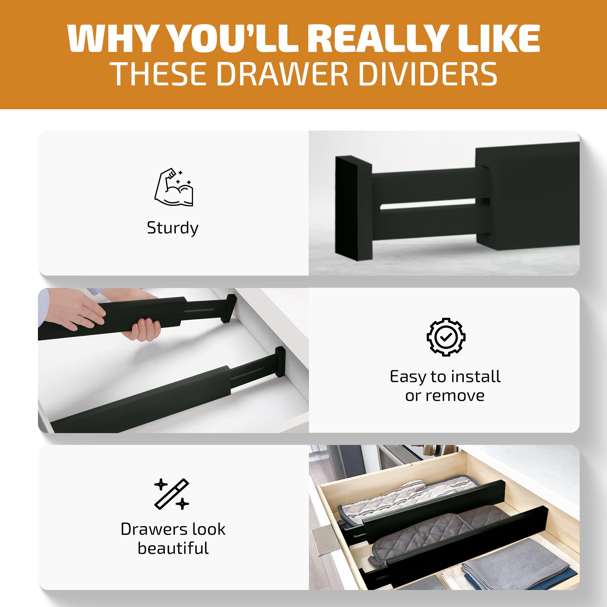 Bambüsi black finish divider adds a bold, sleek look to drawers.
