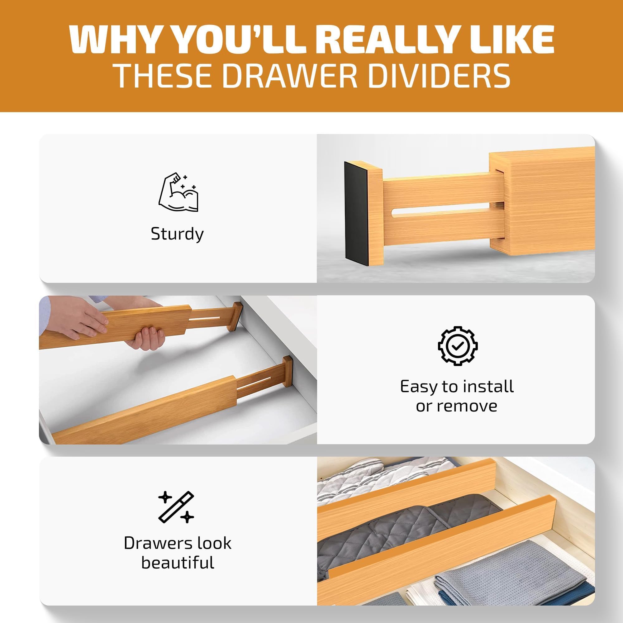 Bambüsi expandable length adapts to almost any drawer for flexible storage