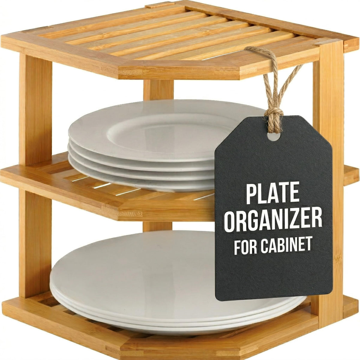 Bambusi plate organizer 3-tier corner shelf maximizing cabinet space.