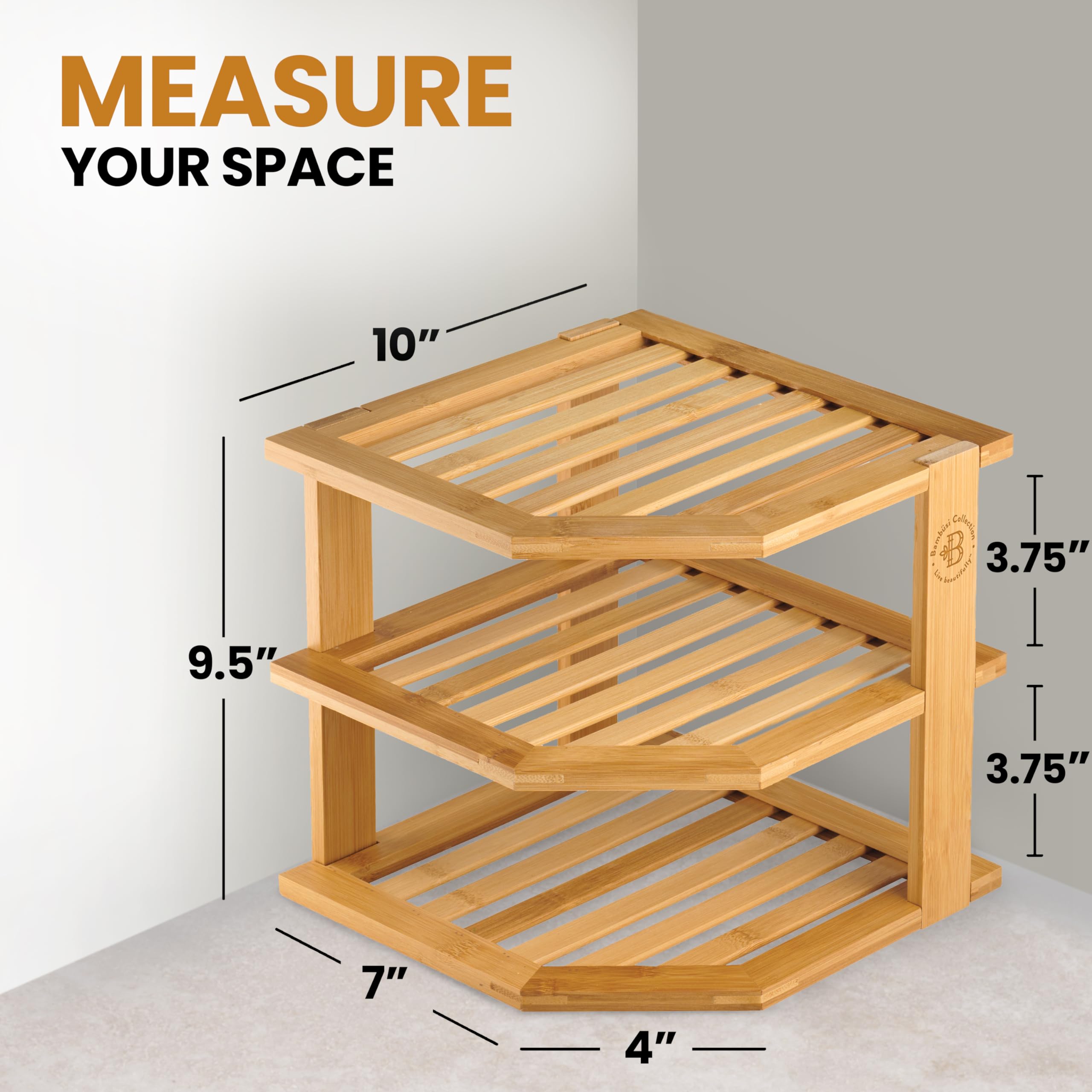Bambusi 3-tier kitchen shelf organizes dishes for easy access.